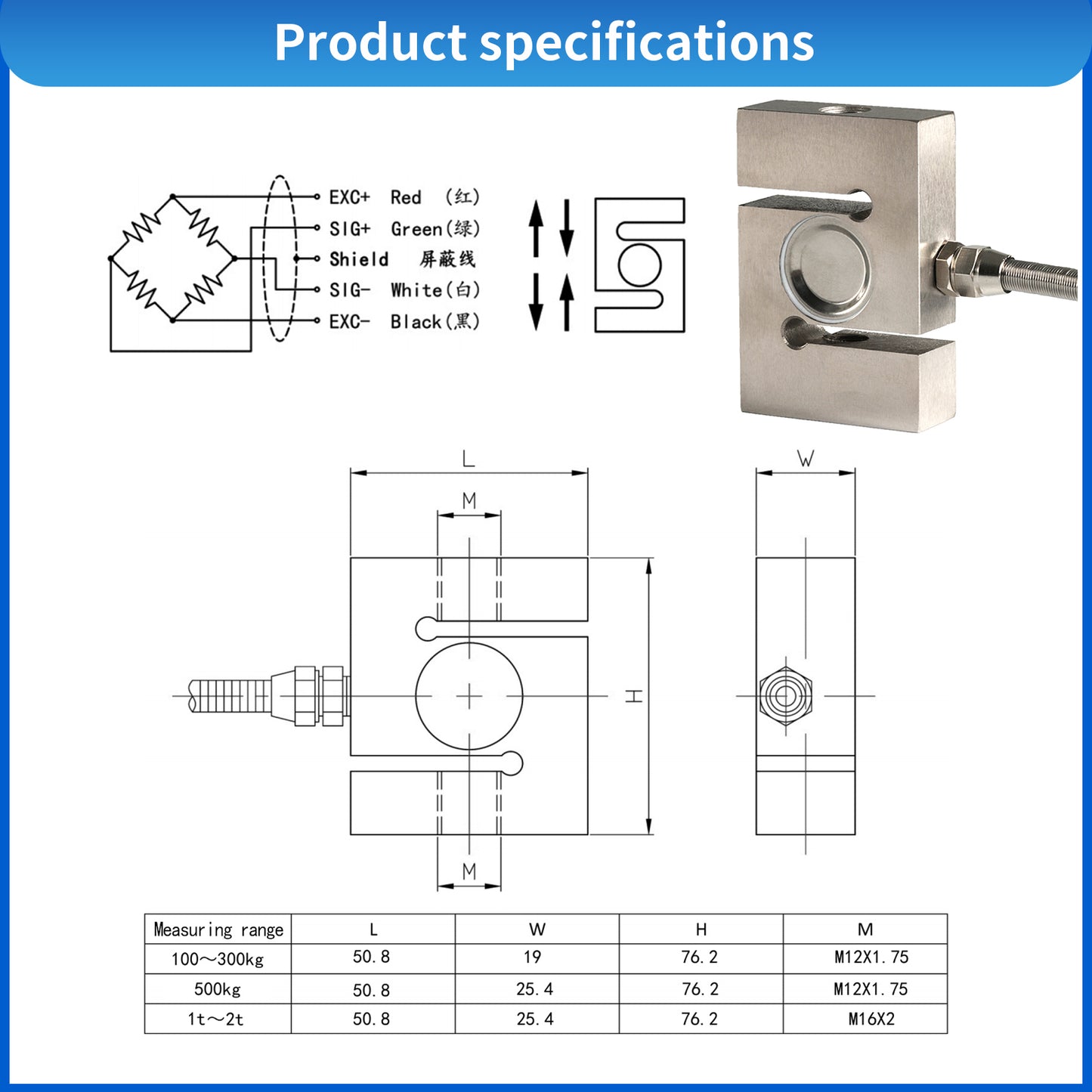 S Type Load Cell Sensor,Test Tension and Compression Range200-2000kg - A8S1